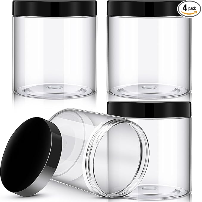 Patelai 4 Pieces Round Wide-mouth Leak Proof Plastic Container Jars with Lids for Travel Storage Makeup Beauty Products Face Creams Oils Salves Ointments DIY Making(16 Ounce,Black)