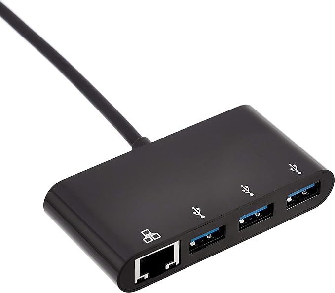 Amazon Basics 4-Port USB 3.0 Hub with 3 USB-A Ports & 1 RJ45 Gigabit Ethernet Port, High-Speed Network Adapter for Laptops, Black