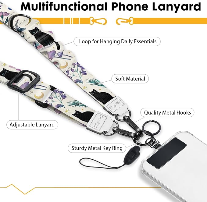 Icycay Phone Lanyard Crossbody, Black Cat Cell Phone Strap for Around The Neck Adjustable, Book Floral Teacher Anti Theft Cute Lanyard for ID Holder Keys Accessories Travel Essential
