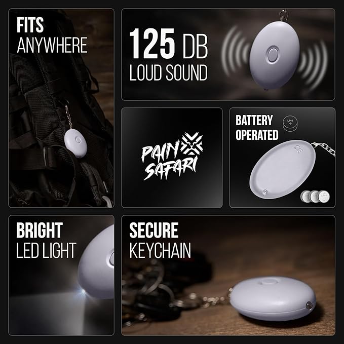 Pain Safari Personal Alarm Keychain for Women, Children, and Elderly | 125dB Safety Siren | 1-Mile Range Self Defense Tool | Compact Personal Protection Device | Loud Attention-Grabbing Security Sound