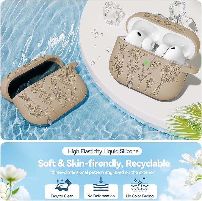 Ekoonpft for Airpods Pro 3 Case, Flower Engraved Cases for Apple AirPods Pro 3rd Generation 2025, Soft Silicone Cover for Men Women Girly with Cleaning Kit & Keychain, Anti-Scratch, Shockproof