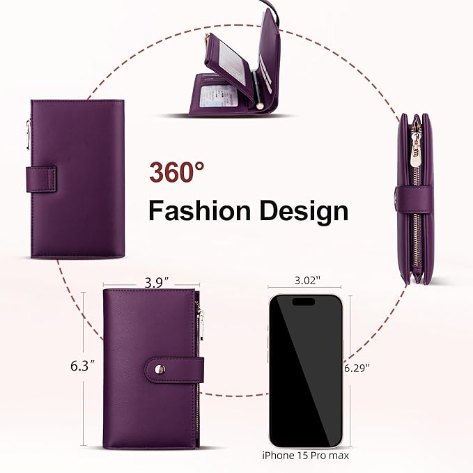 yiijay Womens Wallet RFID Blocking Vegan Leather Trifold Clutch Credit Card Holder Ladies Travel Wallet Purse with Pen Holder