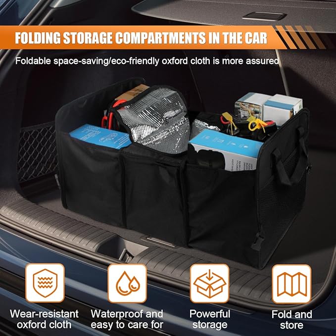 Car Trunk Organizer, Oxford Fabric Waterproof & Anti-Slip Vehicle Storage Box with Leak Proof & Insulated Cooler Bag, Large Capacity Foldable Auto Storage Box for Car, SUV, Truck (Black)