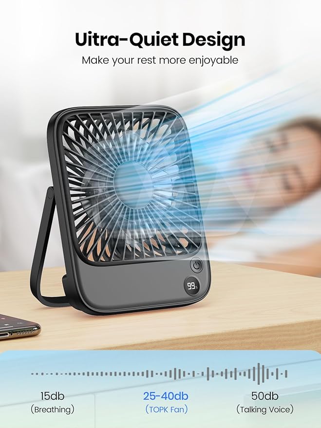TOPK 2 Pack 5000mAh Portable Desk Fan, Ultra-Thin Rechargeable Battery Operated Fan with Digital Display, Quiet 4-Speed Small Personal Travel Fans for Office, Bedroom, Cruise, Outdoor