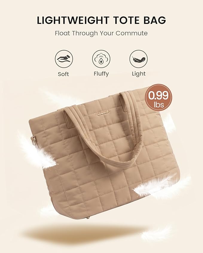 LOVEVOOK Laptop Tote Bag for Women, 15.6 Inch Large Puffer Work Computer Tote Bags for Teacher Nurse, Quilted Women's Purse Tote Shoulder Handbags with Zipper for Travel College Office, Coffee Brown