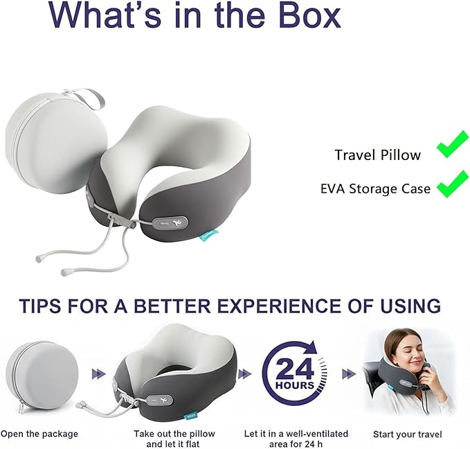 Travel Pillow with Cool Material,Neck Pillow for Traveling 100% Pure Memory Foam,Travel Neck Pillow with Hard Case, Airplane Pillow for Traveling,Travel Essentials (Grey)