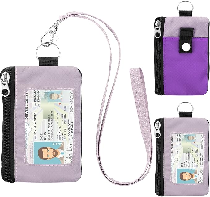 Minimalist RFID Blocking Wallet with Lanyard, Functional ID Case with 2 Zipper Pockets and Key Chain for Men and Women, Tactical Badge Pouch Cards Holder, Coin Purse for Travel Sports-Purple