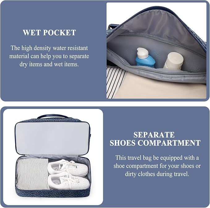 Weekender Bags for Women,Personal Item Travel Bag with Shoes Compartment,Overnight Travel Duffel Bag with Toiletry Bag,Denim Dark Blue