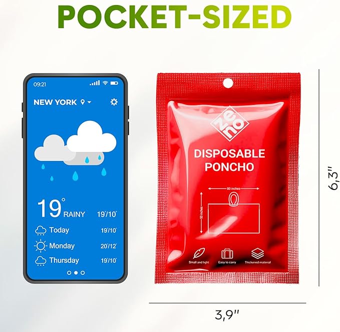 ZENO Disposable Rain Ponchos for Adults - Clear with Hood, Compact Emergency Ponchos for Hiking, Camping, Travel
