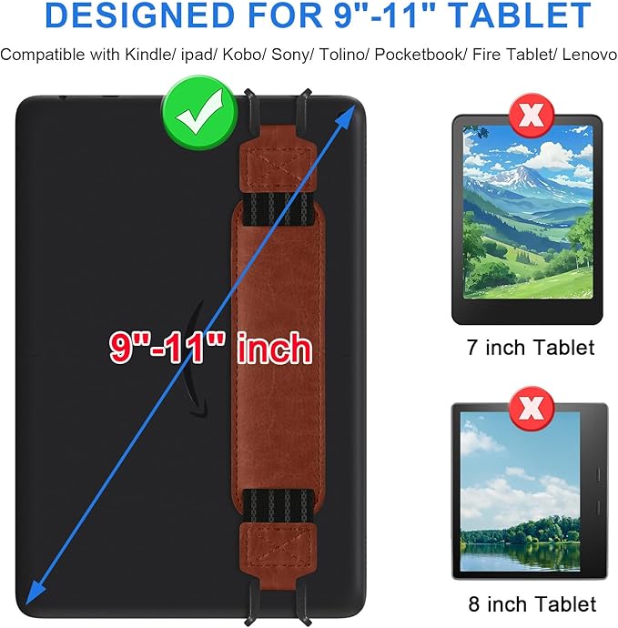 HoYiXi Soft Hand Strap for 9-11 Inch eReaders & Fire Tablet Compatible with Fire HD 10/iPad 9.7 /iPad mini/Galaxy Tab A8 A9/Huawei Lightweight Black High-Elasticity Finger Grip Holder -Brown
