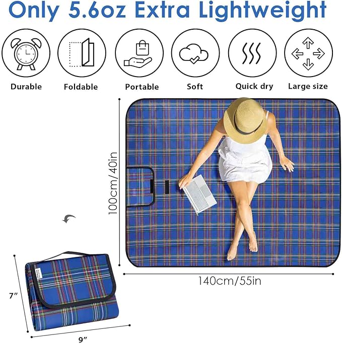 Beach Picnic Blanket, Sandproof Waterproof Camping Blankets Large, Outdoor Sandfree Foldable Mat 55x40in, Oversized Packable Family Mats for Hiking, Camping, Park, Travel, Grass Concert-Blue