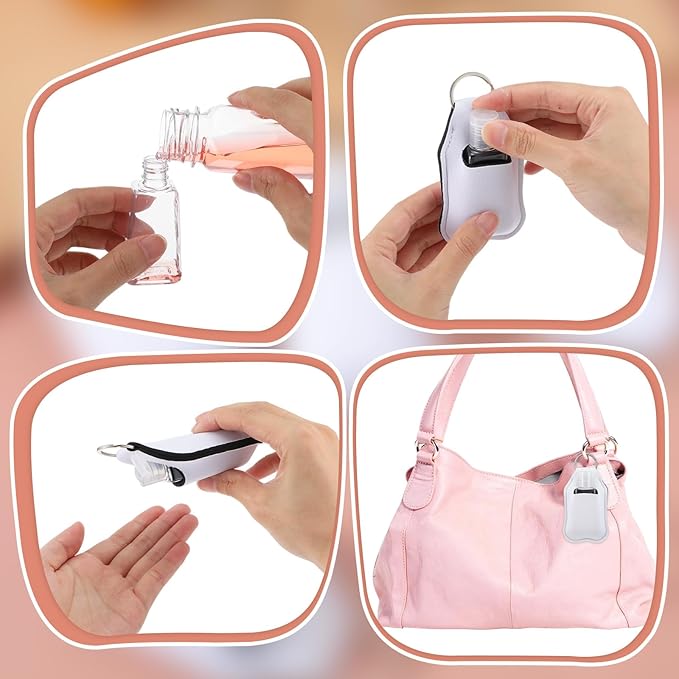 Lemecima 60 Pcs Hand Sanitizer Keychain Holders Set with 30 Pieces Hand Sanitizer Holder and 30 Pieces Empty Refillable Travel Bottles Keychain Holder for Backpack and Purse DIY Ornament Supplies
