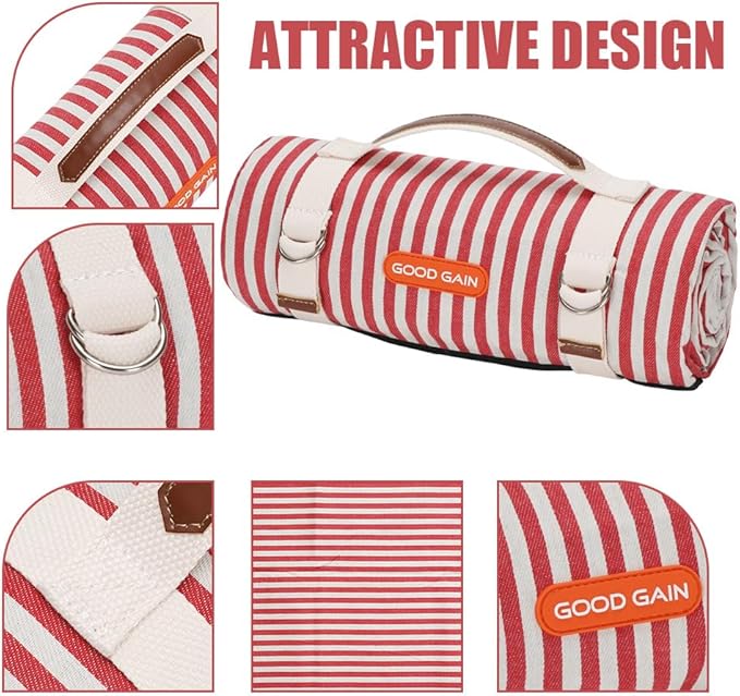 G GOOD GAIN Picnic Outdoor Blankets Waterproof Large - Beach Mat Sand Free Foldable with Carry Strap | Portable Camping Blanket | Park Blanket for Grass Park, Hiking, Travel, Concerts, Indoor (Red)