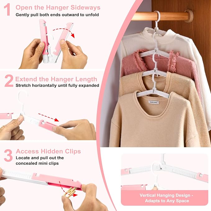 6 Pack Fodable Travel Hangers with Clips & Adjustable Clothesline, Portable Collapsible Hangers with Storage Bag for Suitcase, Hotel, RV, Cruise Essentials Set (Pink)