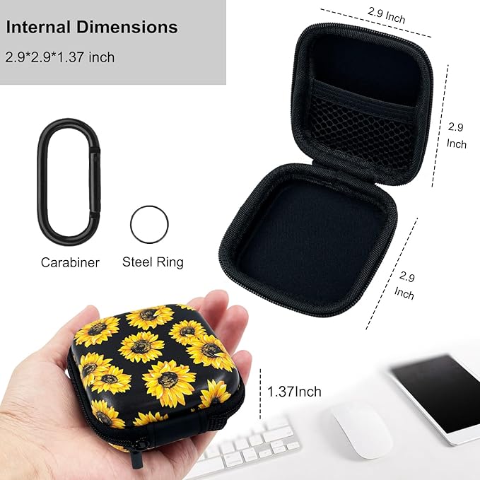 Earbud Case Headphone Organizer Ear Bud Case Portable EVA Carrying Box Storage Bag with Carabiner for AirPods Beats Bose Galaxy Buds 4/3/FE Data Cable Storage (Sunflower)