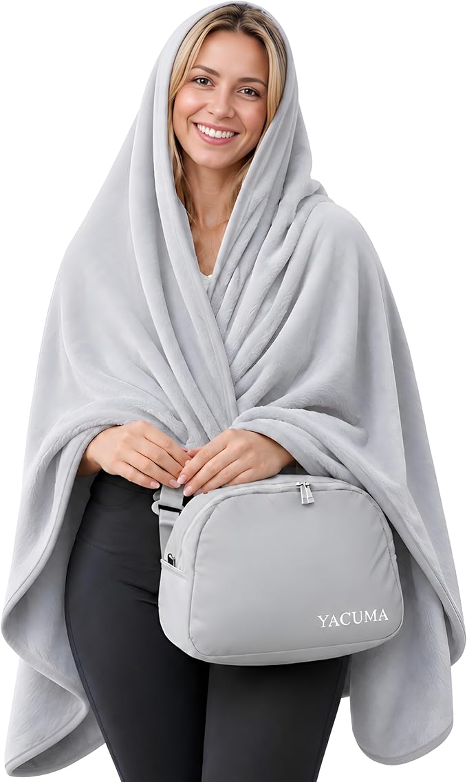 Travel Blanket Airplane Compact with Bag, Soft 40" x 60" Blanket with Luggage Strap & Underseat Personal Item Organizer for Flights, Home & Office, Grey