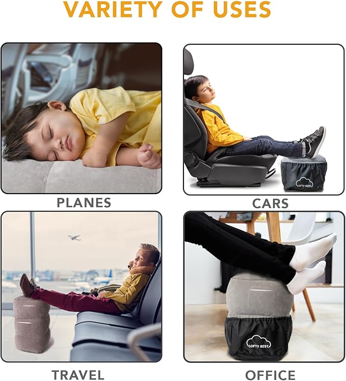LoftyRest Inflatable Foot Rest Pillow for Travel- Kid-Friendly Bed Design for Airplane Travel - 3 Adjustable Heights - 3 Pockets - Airplane, Car, Train, & Home - Ensures Restful Flight for Kids/Adults