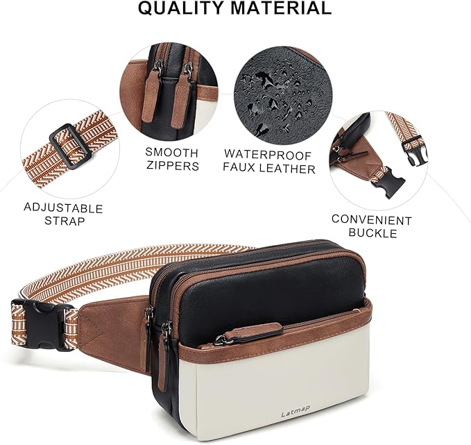 LATMAP 3L Fanny Packs Belt Bag for Women Small Everywhere Crossbody Bag Waist Packs Faux Leather Sling Chest Travel Purse