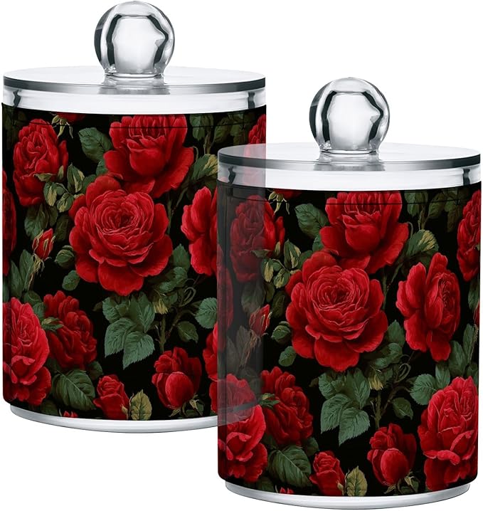 Gredecor Qtip Holder Dispenser 4 Pack Red Rose Flowers Leaves Apothecary Jars with Lids Bathroom Vanity Countertop Canister Storage Organizer for Cotton Ball,Swabs,Pads,Floss