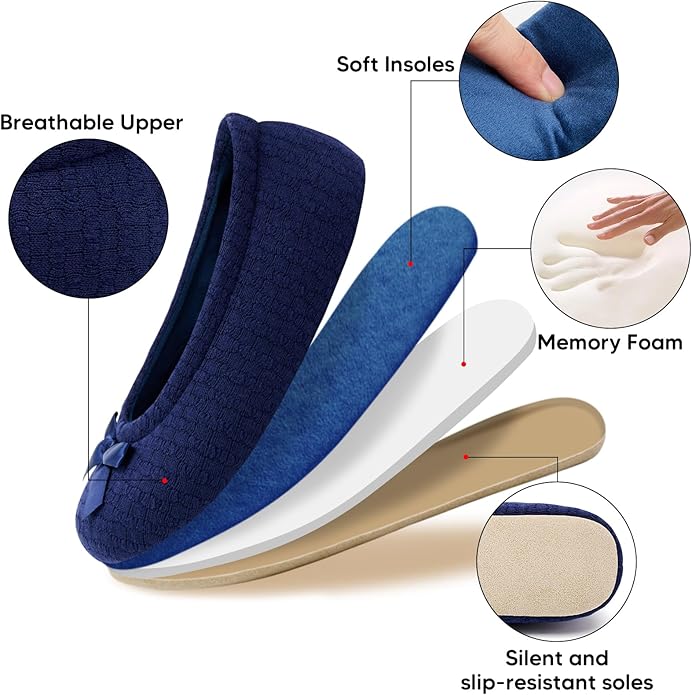 ANLUKE Women's Ballerina Slippers Fuzzy House Shoes Memory Foam with Non-Slip Sole