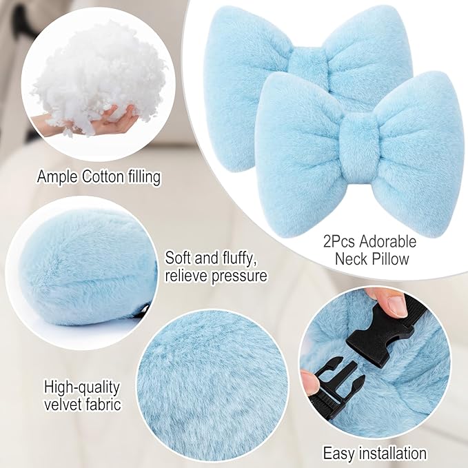 Macarrie 2 Pcs Car Neck Pillow Velvet Bow Headrest Pillow Soft Comfortable Seat Neck Support Cute Bow Car Accessories for Driving Travel Driver Chair Girl Style Interior Decor(Solid,Blue)
