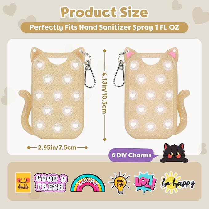 FunisFun Glitter Silicone Holder Case Compatible with Hand Sanitizer Spray 1 Fl. OZ., Cat-shaped Case Keychain with 6 Charms