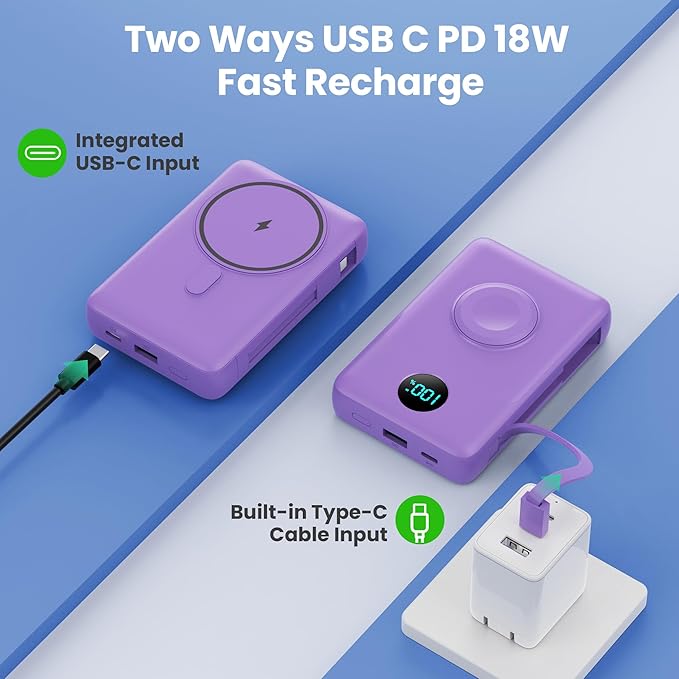 Ekrist Magnetic Portable Charger for MagSafe with Built-in Cable,iWatch Charger,Wireless Power Bank Travel Essentials,25W Fast Charging Battery Pack for iPhone 17/16/15,Apple Watch(Purple,10800mAh)