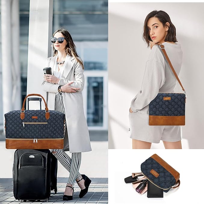 ITIEZY Weekender Overnight Bag for Women - Large Travel Duffel Bag with Shoe Compartment, Gym Duffel Bag Hospital Bag Carry On Tote Bags for Airplanes with Crossbody Bag Toiletry Bag 3Pcs Set