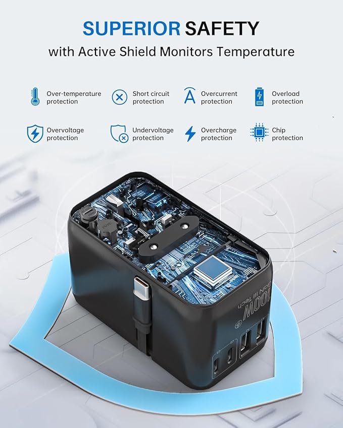 DOACE 100W GaN Universal Travel Adapter, 6-in-1 International Power Adapter, European Travel Plug with Built-in USB-C Cable, Fast Charging, Worldwide for EU UK US AUS, Travel Essentials (Black)