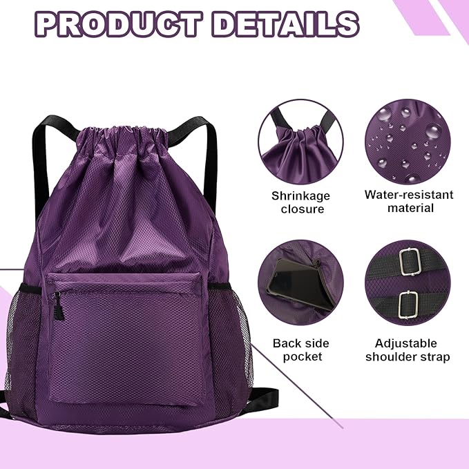 Tygelluis Drawstring Backpack, Waterproof Gym Bag with Water Bottle Pocket for Women Men, Pull String Sport Bag for Swim, Soccer and Basketball,Purple