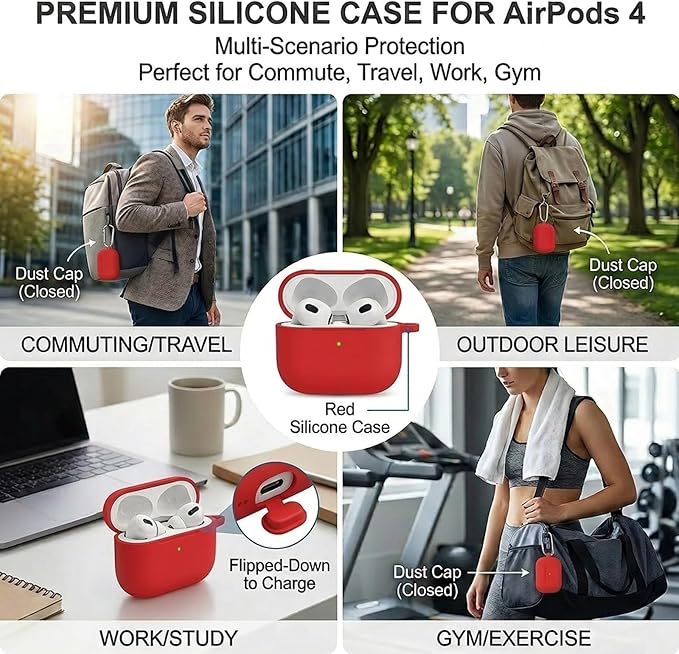 Silicone Case Cover for AirPods 4th Gen, Soft Skin, Full Protection, Keychain, Cleaner Kit (Red)