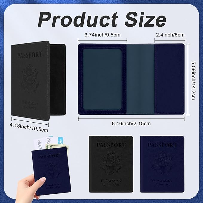 Passport Holder for Travel, 2 PCS Passport Holder, Travel Passport Holders Must Haves for Women Men, Passport Cover Passport Wallet Case Holders for Travels Cruise Ship Essentials, Black & Dark Blue