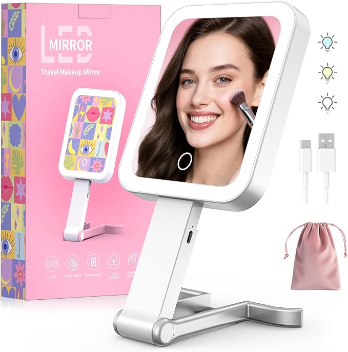 Travel Makeup Mirror with Lights 10X/1X Double-Sided Magnifying LED Beauty Mirror Rechargeable Portable Vanity Mirror with 3 Color Lighting Smart Touch Dimming Desktop Handheld Hanging (Silver)