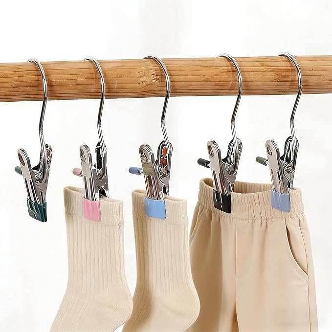 12PCS Hanger Clips for Closet, Heavy Duty Clothes Pins with Hooks, 360° Rotating Laundry Clips for Pants Socks Towels Boots Organizer (12, Black Blue Green Pink)