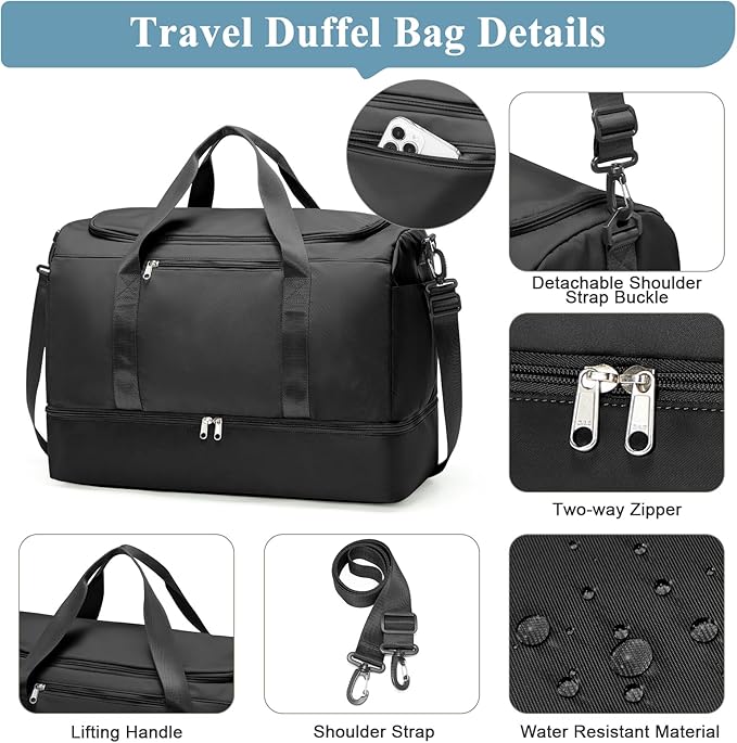 Large Duffle Bag for Travel,Carry-On Overnight Weekender Bags for Women,Travel Duffel Bag,Black