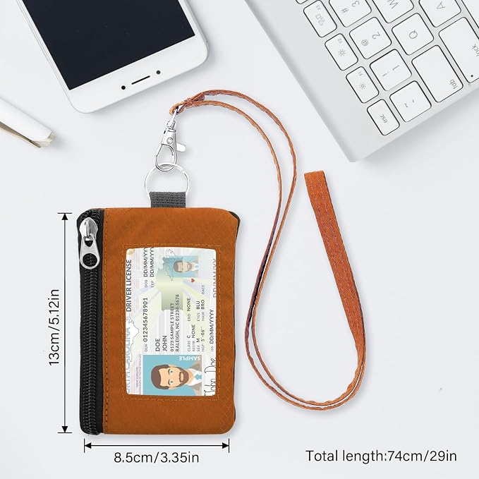Minimalist RFID Wallet with Lanyard, Multi-functional ID Case with 2 Zipper Pockets and Key Chain for Men and Women, Tactical Badge Pouch Cards Holder, Coin Purse for Travel Sports - Orange&Blue