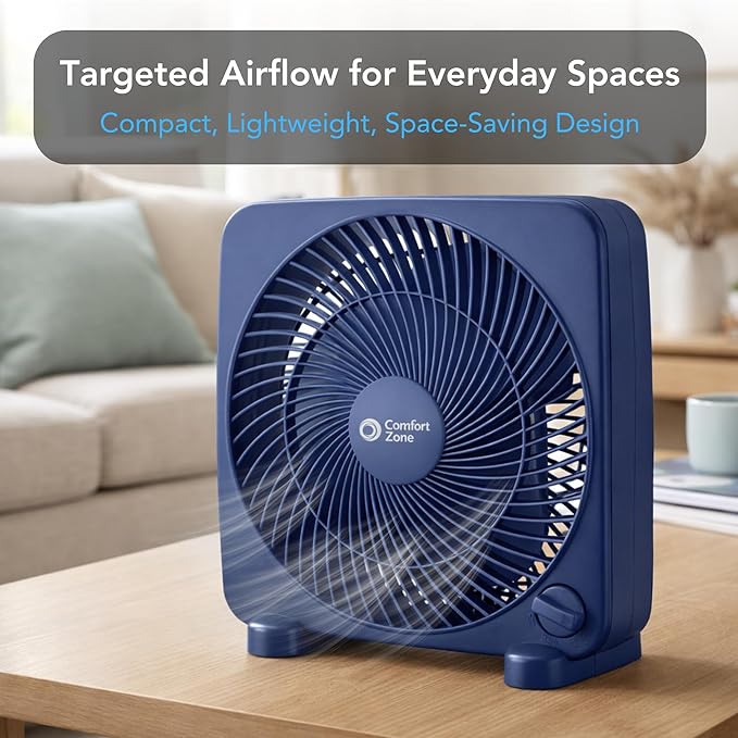 Comfort Zone 9-inch Portable Box Fan – Compact Desktop Cooling Fan with 3-Speeds, Quiet Operation, Built-in Carry Handle & Safety Grill – ETL Listed for Home, Office, or Dorm – Blue