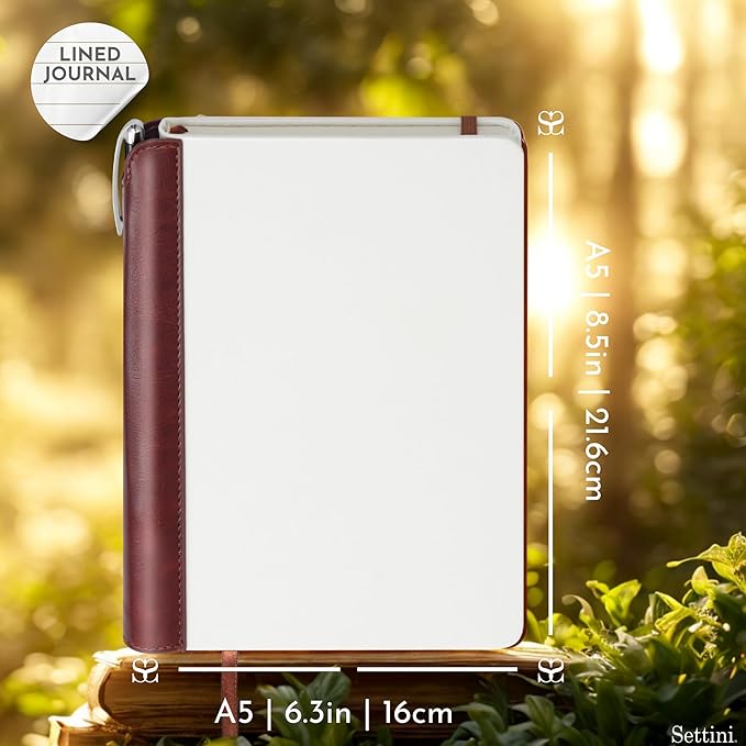 SETTINI® Lined Journal - Modern White Journal for Writing Gift Set - Hardcover Vegan Leather, Includes Luxury Pen in a Unique Pen Holder, 192 Pages, 6 x 8.5 inches, Fathers Day Gift