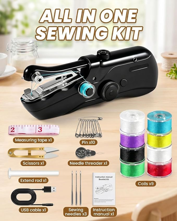 Lightweight Mini Sewing Machine for Beginners, Complete Handheld Sewing Kit, Ideal for Home Use, Fixes & Craft Making (Black)