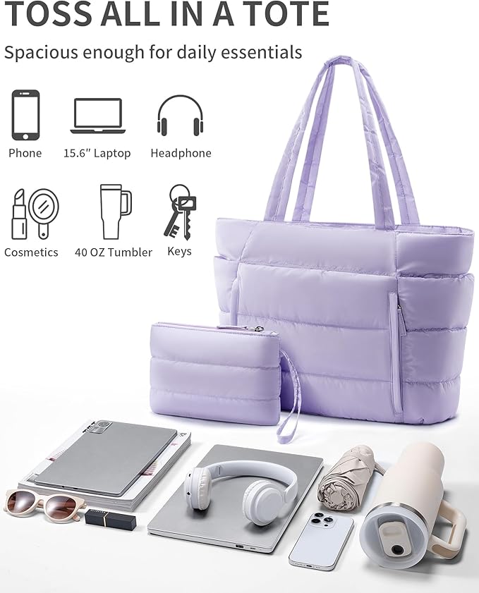 Bagstellar Puffer Tote Bag for Women, Lightweight Puffy Work Handbag Teacher Nurse Quilted Shoulder Bag for School Travel Gym | Cloud Bag w/ Zipper