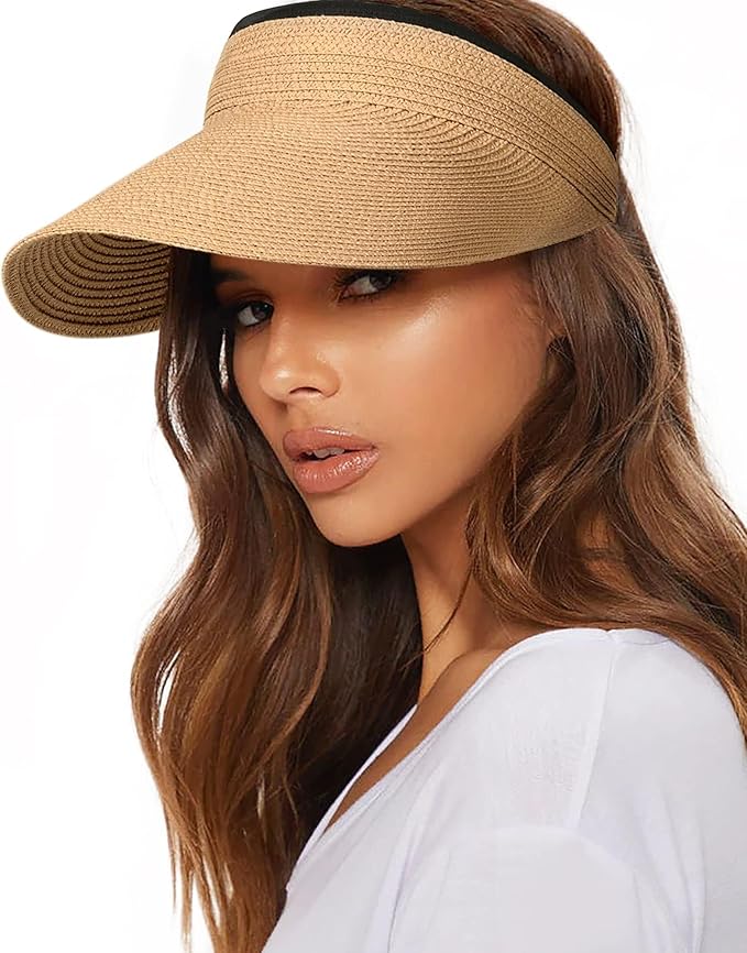 FURTALK Womens Sun Visor Hat Straw Sun Visors for Women Summer Packable Ponytail Beach Hats for Women Travel UPF 80+