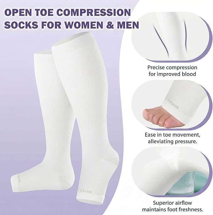 LEVSOX Open Toe Compression Socks for Women & Men 20-30mmHg Toeless Sock Knee High Support Stockings for Circulation Nurses Pregnant Travel