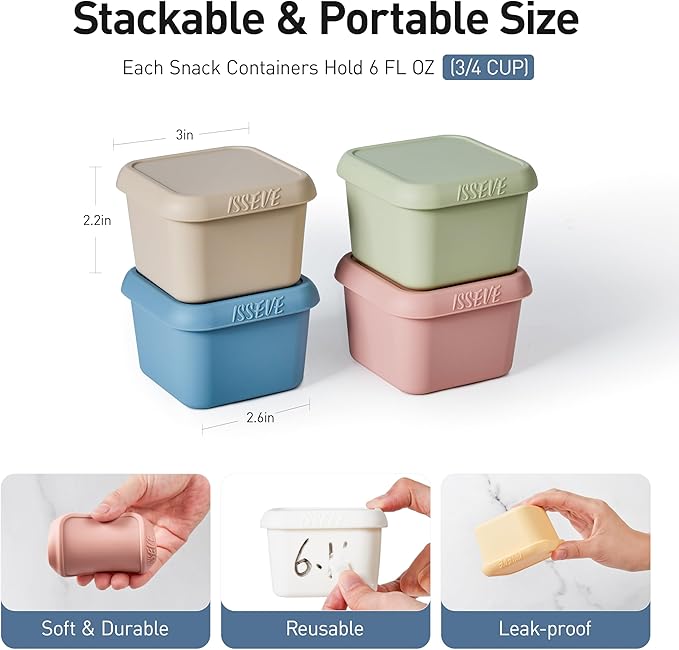 ISSEVE 4pack 6oz Silicone Snack Containers for Kids, Reusable Small Containers with Lids, Leak Proof Food Storage Containers, Children Kids Lunch Box for Daycare, School, Travel
