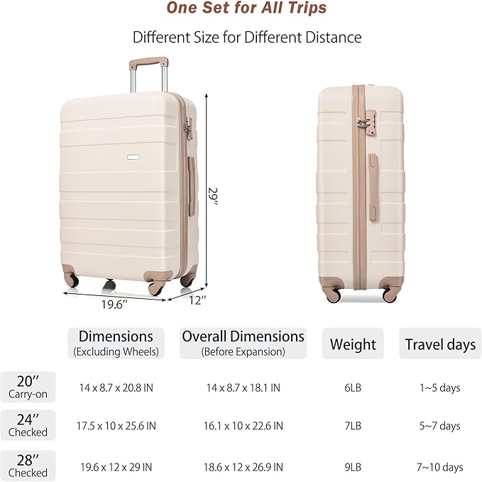 Luggage Sets 3 Piece, Luggage Set, Suitcases with Wheels, Hardside Hard Shell Travel Luggage with TSA Lock