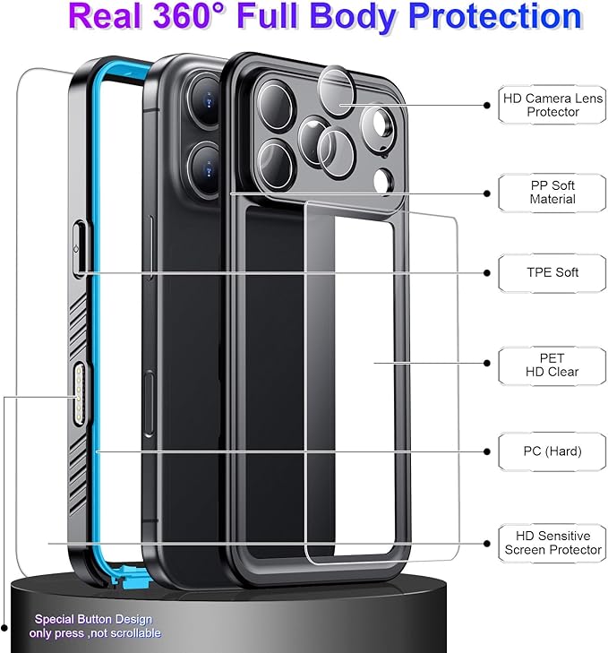 Compatible with iPhone 17 Pro Case,Waterproof Built-in Screen & Camera Protector IP68 Underwater Full Body 17FT Military Dropproof Shockproof Phone Case 6.3"-Blue/Clear