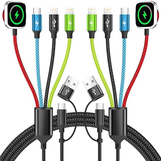 Dual IP Port 4 in 2 Multi Charging Cable for iWatch, Car Accessories Charging Cords for Multiple Devices for iWatch Ultra/SE/11-2, iPhone 17-5, Galaxy S25-21, iPad (2PACK 5FT)
