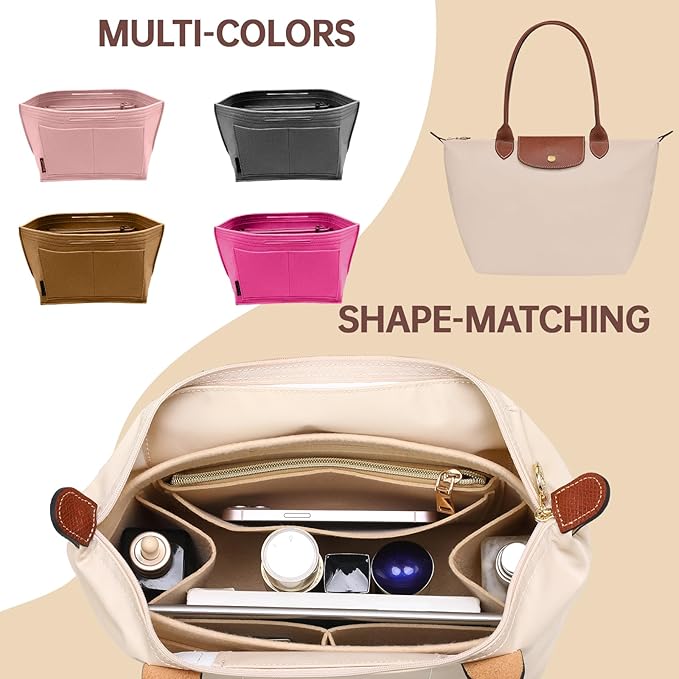 OPPOSHE Purse Organizer Insert for Longchamp Le Pliage, Premium Felt Long Champ Bag Handbag Women, Tote Organizer Insert with 6 Compartments (Small, Grey)