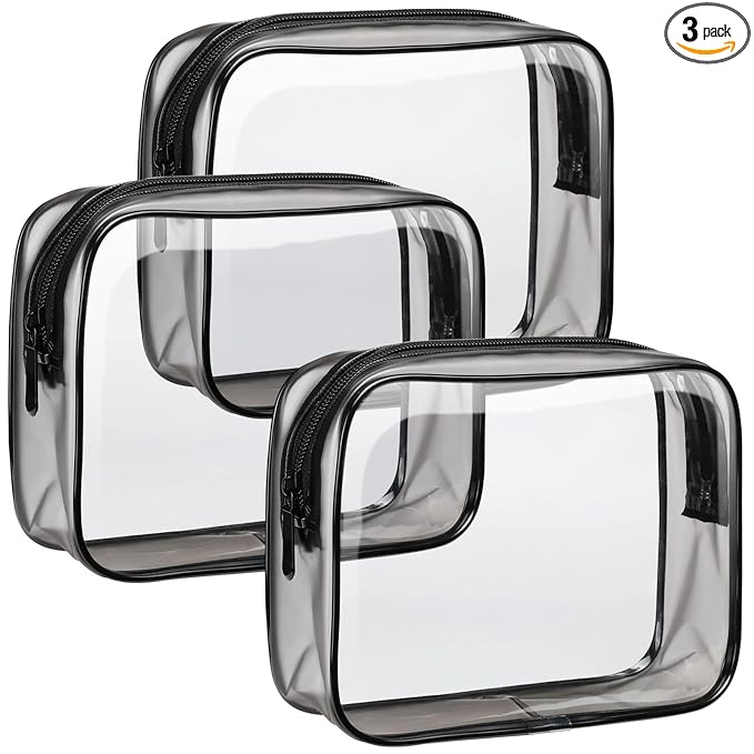 F-color TSA Approved Toiletry Bag 3 Pack Medium - Clear Makeup Bag Travel Quart Size for Women Men, Clear Cosmetic Bag Airport Airline Compliant Carry on Bag, Black Matte