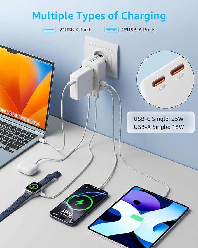 “Air” Universal Travel Adapter, Slim International Travel Plug Adapter with 2 USB-C(PD 25W) ＆ 2 USB-A Ports, All in One Portable Adaptor, for USA, UK, EU, AU ＆ 224+ Countries (White) US