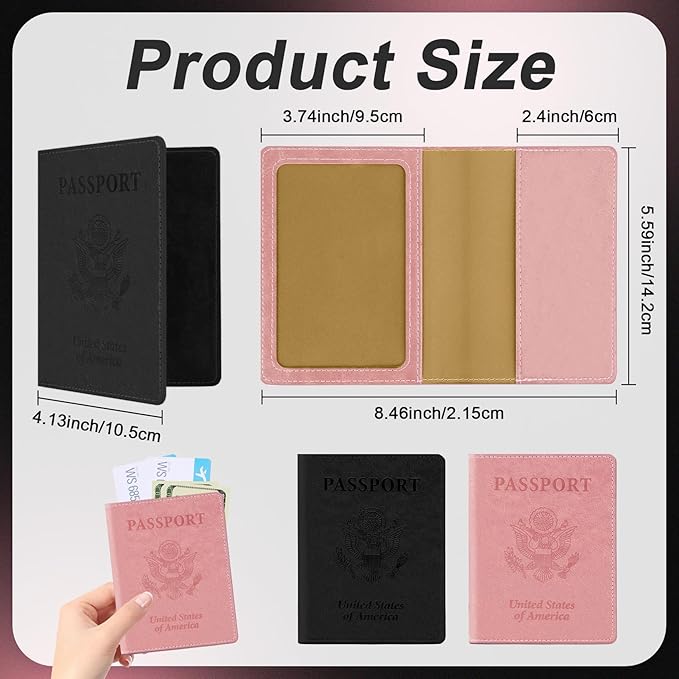 Black and Pink Passport Holder for Travel, 2 PCS Passport Holder, Travel Passport Holders Must Haves for Women Men, Passport Cover Passport Wallet Case Holders for Travels Cruise Ship Essentials Gifts